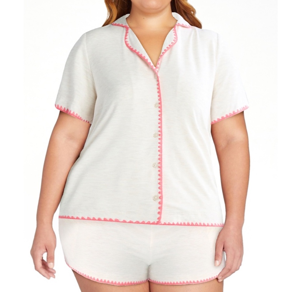 Women’s Pajama Set Short Sleeve Button-Up Top & Shorts Cream w/ Pink Trim